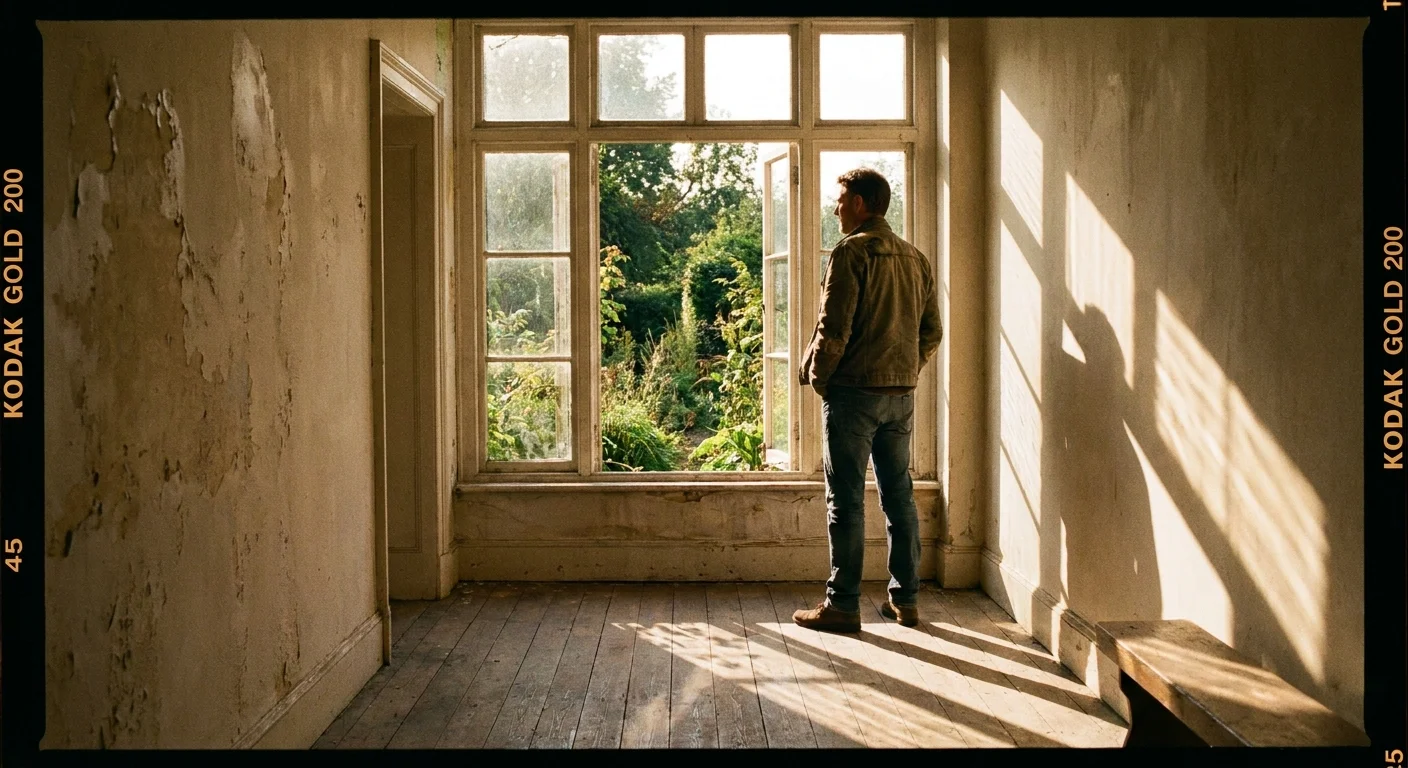 A man stands quietly by a window, taking a brief break between tasks in the late afternoon sun.