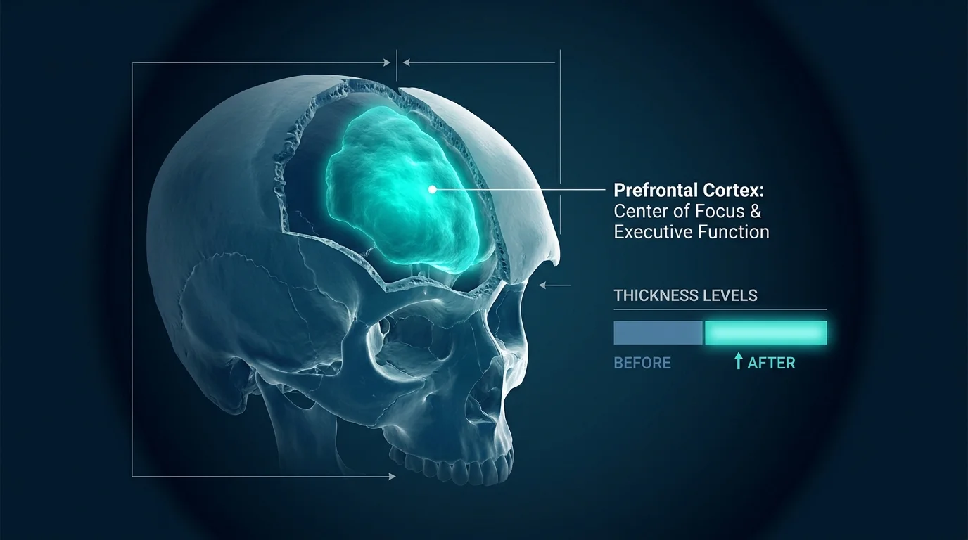 A medical diagram highlighting the thickening of the prefrontal cortex, the brain's center for focus.