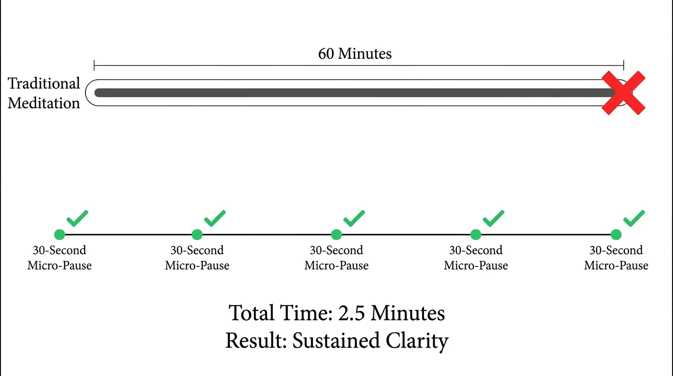 A minimalist diagram comparing one 60-minute block to five 30-second dots, showing the efficiency of short pauses.