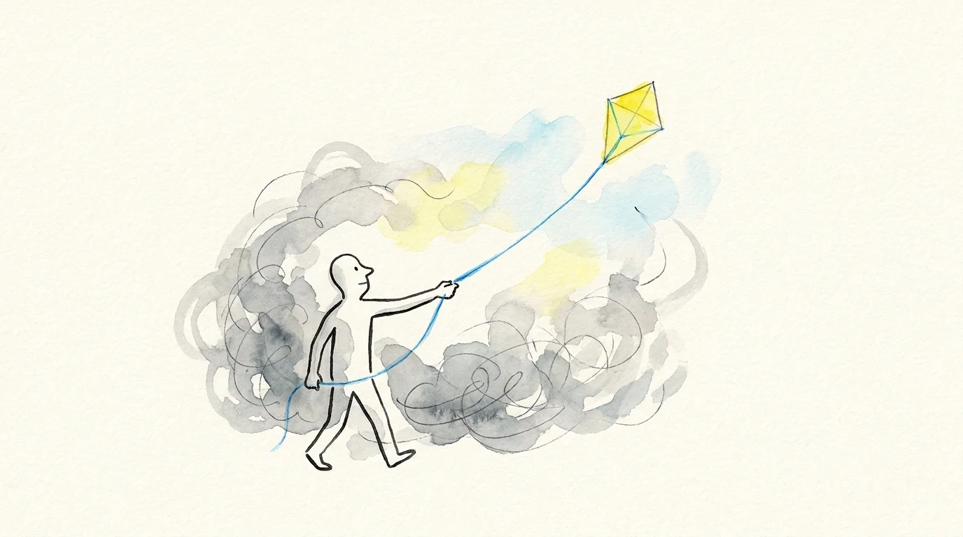 A minimalist ink drawing of a person steering a bright yellow kite through a swirl of grey wind.