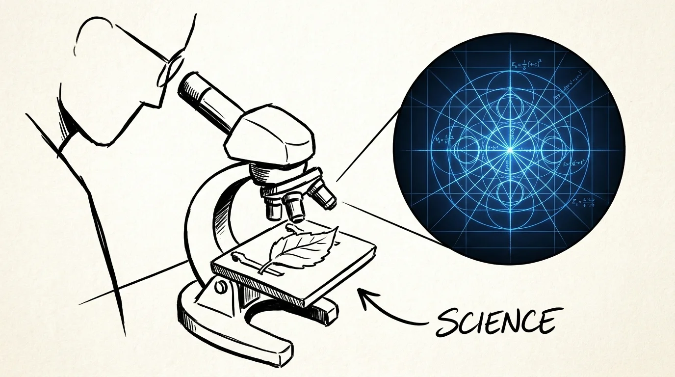 A minimalist sketch of a person looking through a microscope, seeing the complex science behind a simple leaf.