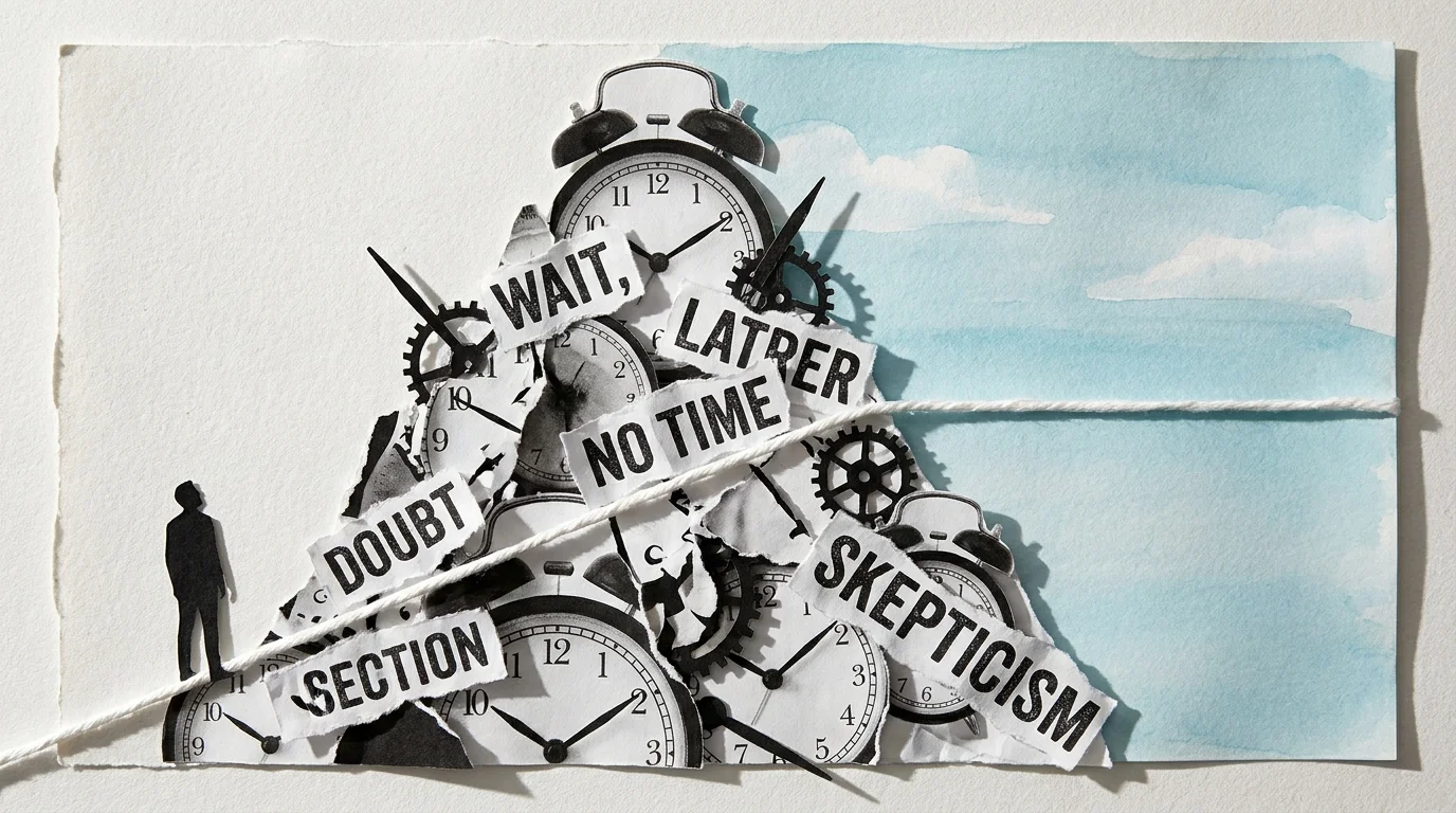 A paper collage of a mountain made of clocks and gears, with a string path cutting through it toward a blue sky.