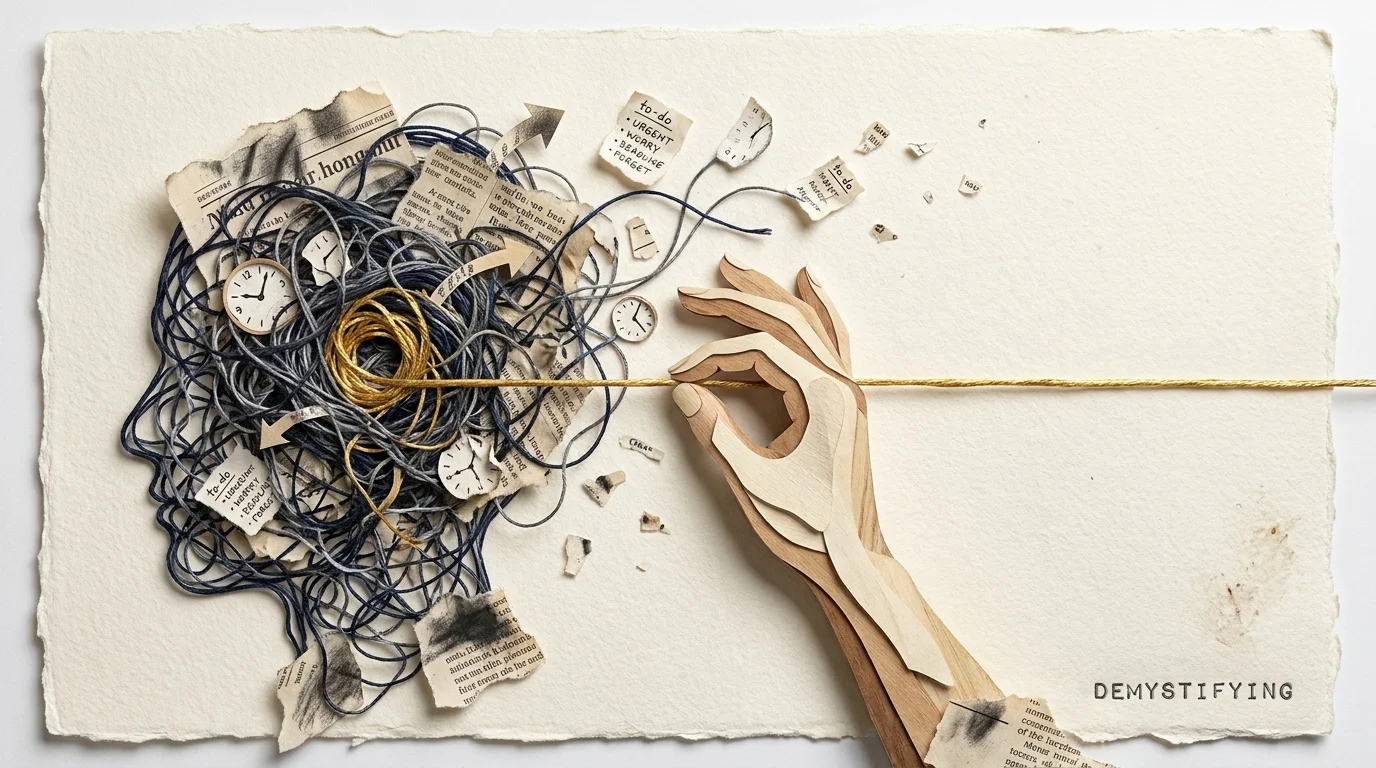 A paper-craft collage showing tangled blue threads being straightened into a single gold line inside a head silhouette.