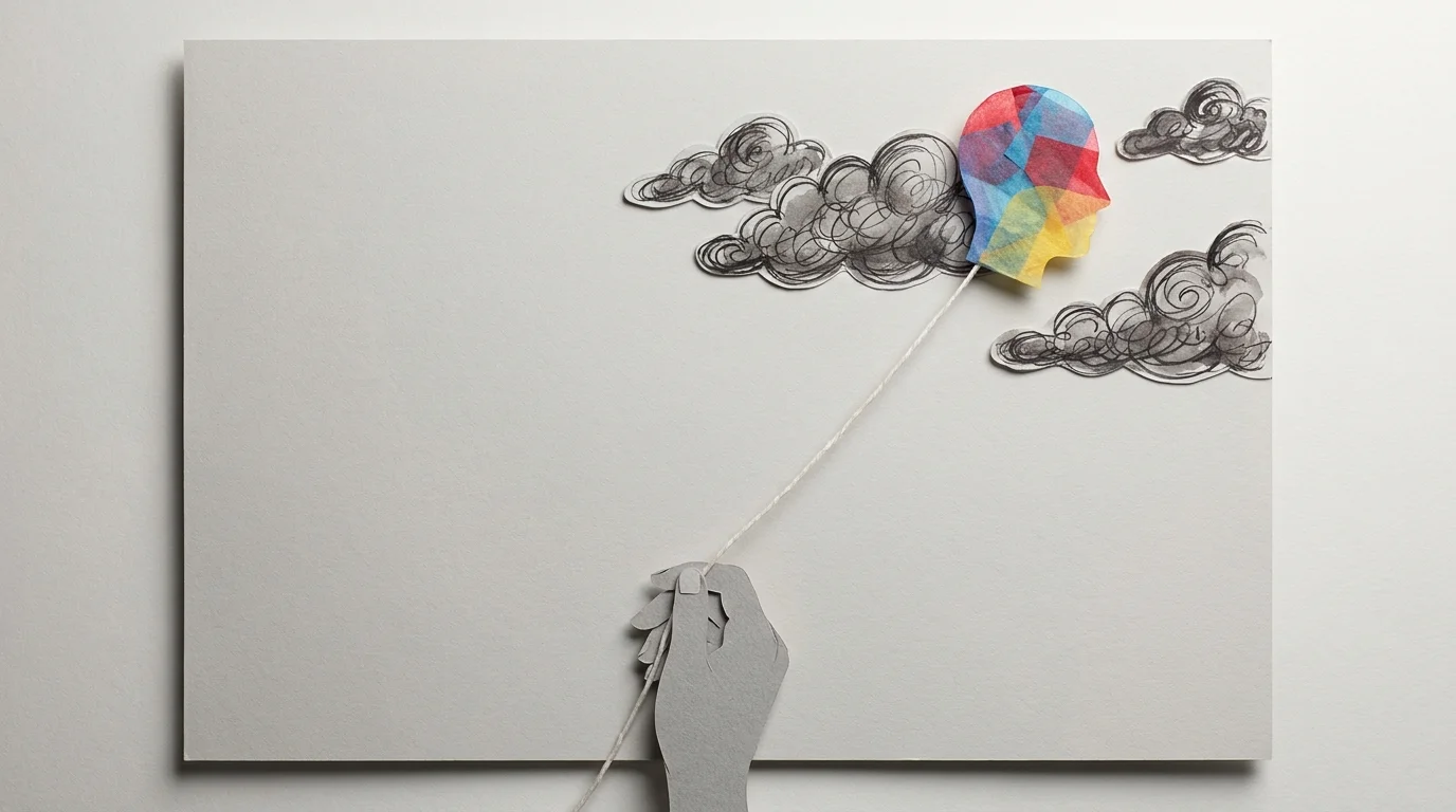 A paper-craft hand holding a string attached to a head-shaped kite floating in scribbled clouds.