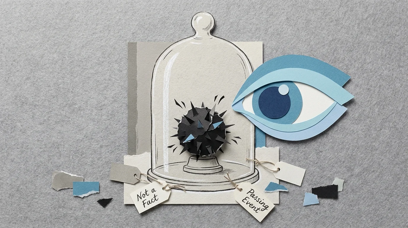 A paper-craft illustration of a prickly black thought trapped in a glass jar, being observed by a calm eye.