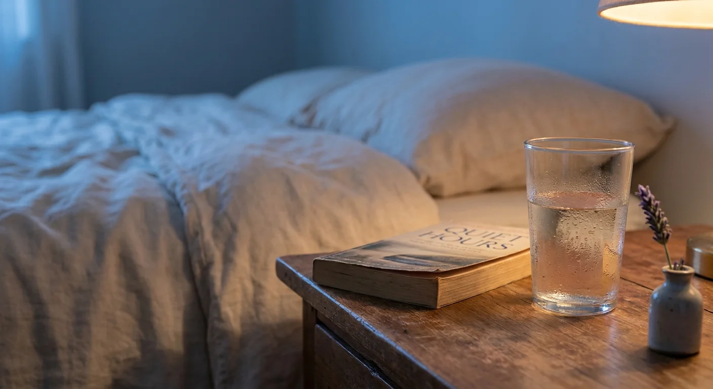 A peaceful bedside table with a glass of water and a book, prepared for a night of recovery.