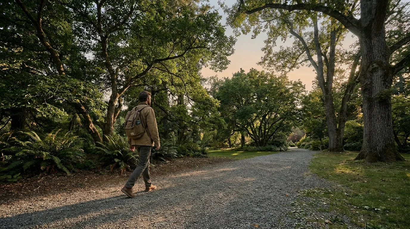 A peaceful photo of a person walking through a lush park in the golden afternoon light.