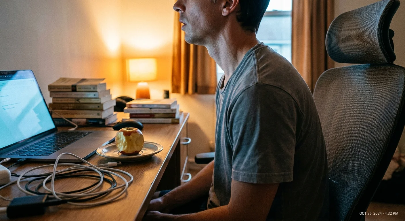 A person at a desk seen from the side as they sit up straight and relax their shoulders.
