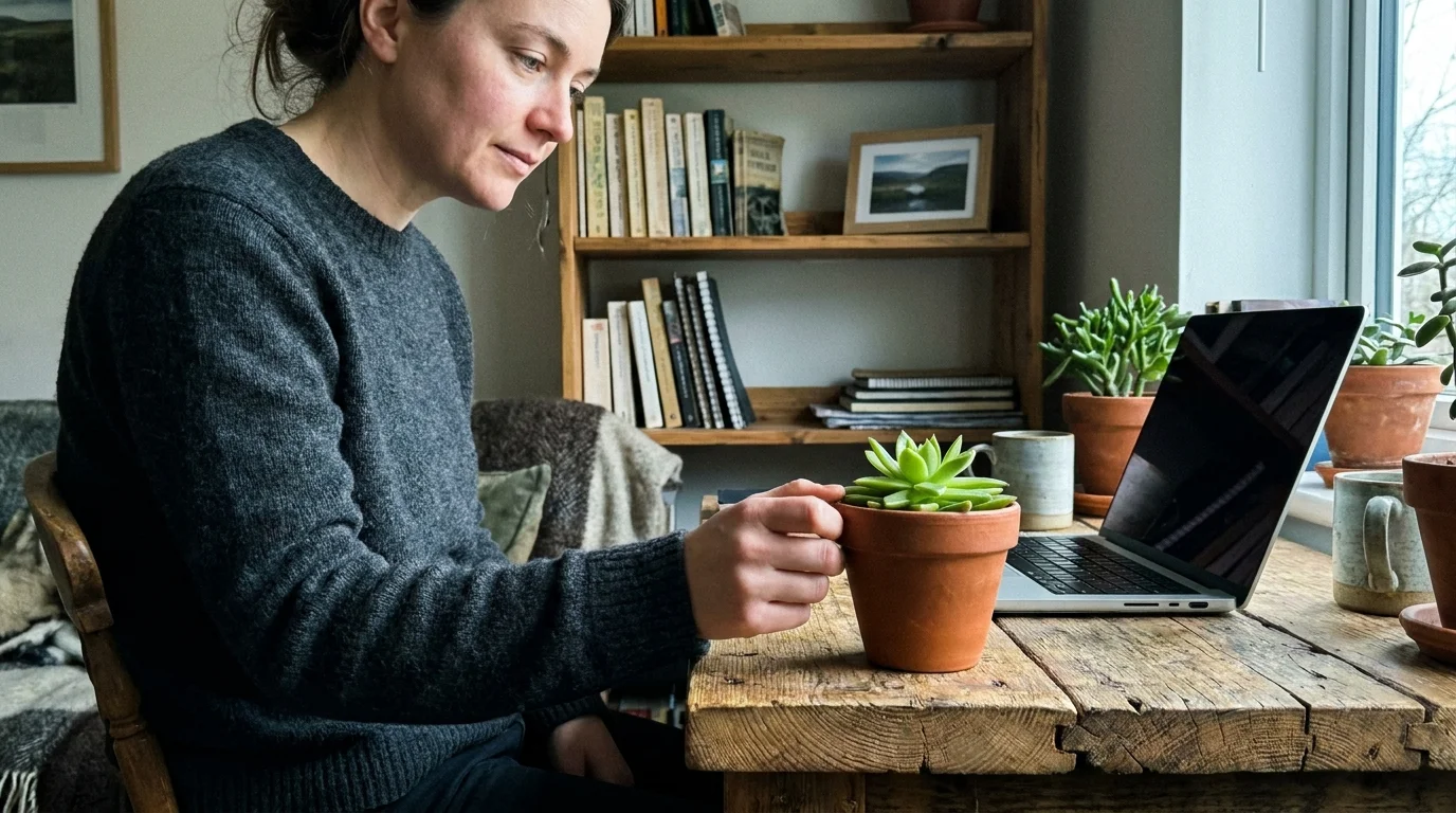 A person at a wooden desk taking a moment to look at a small plant instead of their computer screen.