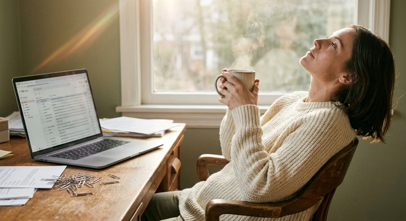 A person in a casual sweater takes a quiet moment with a mug in a sunlit, slightly messy home office.