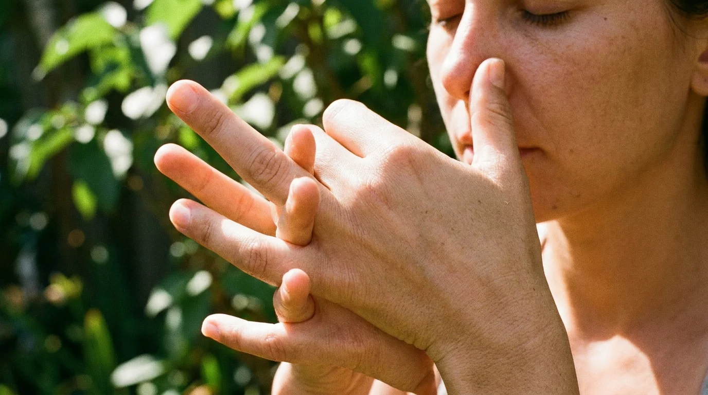 A person in a garden uses their fingers to practice alternate nostril breathing in the sunlight.