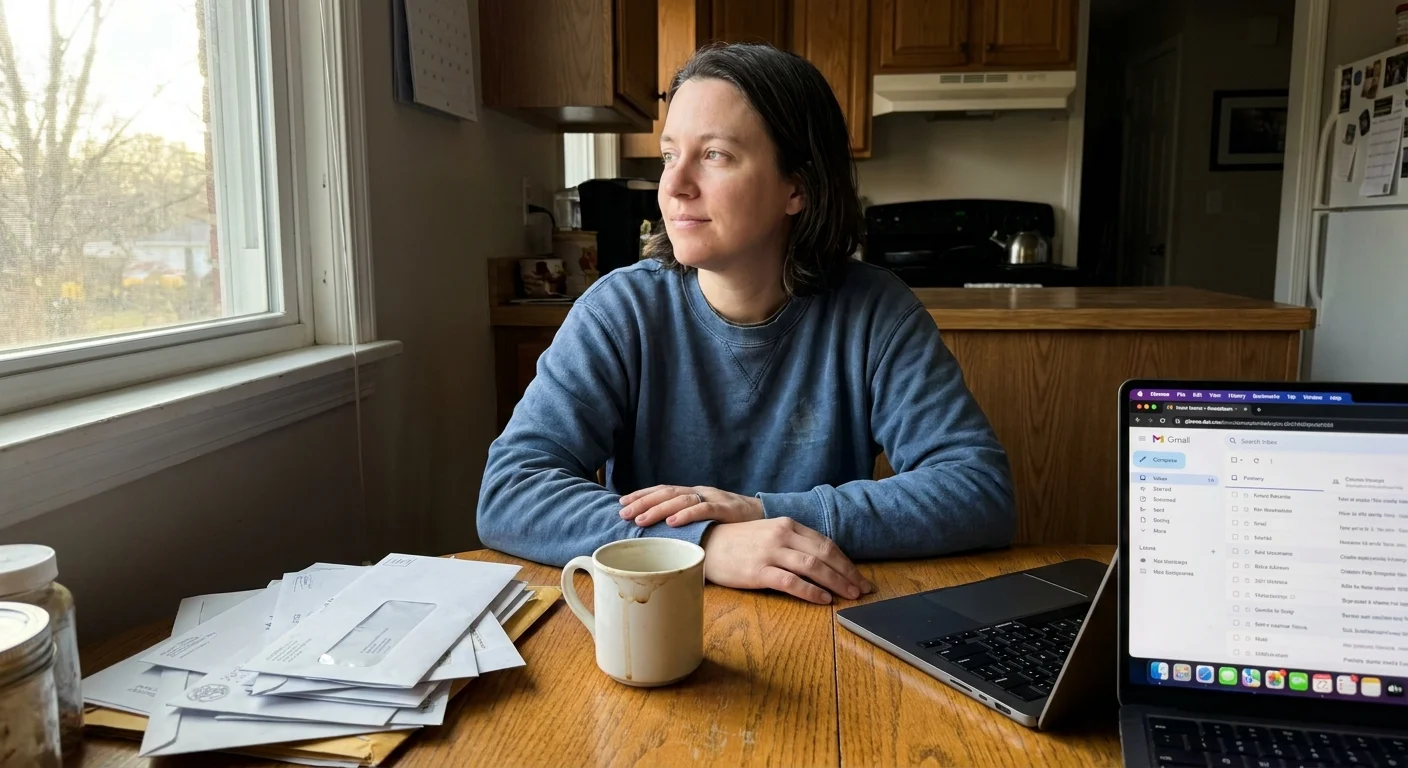 A person sitting at a kitchen table with a laptop and a mug, looking out the window with a calm expression in morning light.
