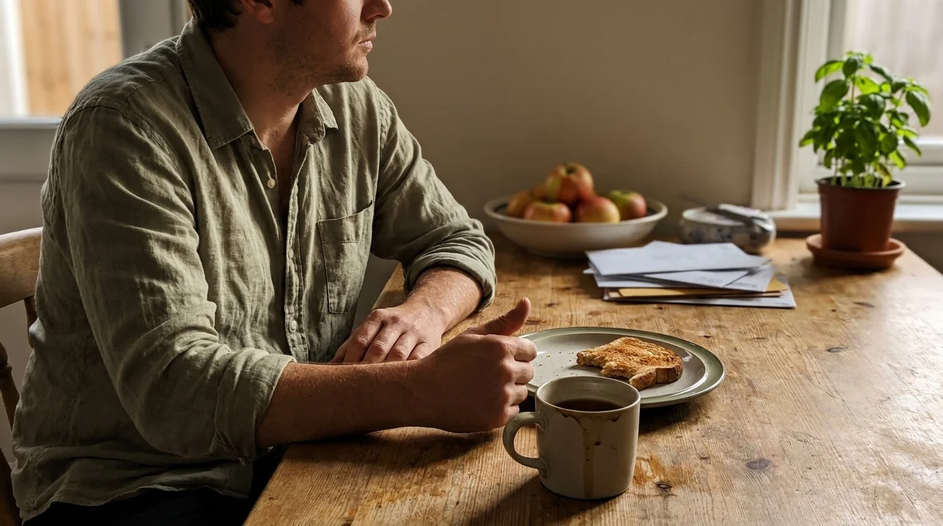 A person sitting peacefully at a kitchen table in the morning light, representing a moment of mental clarity.