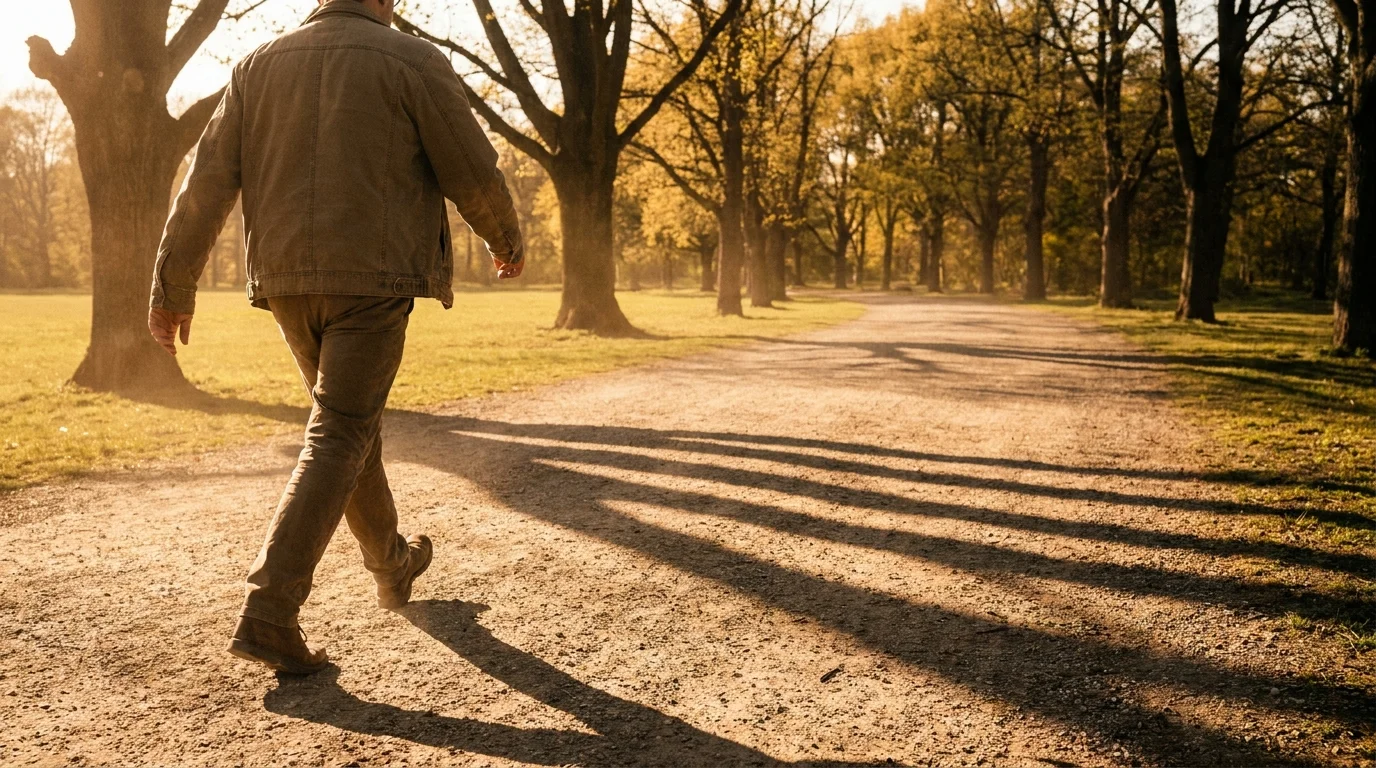 A person walking down a long, sunlit park path, representing the long-term journey of mental maintenance.