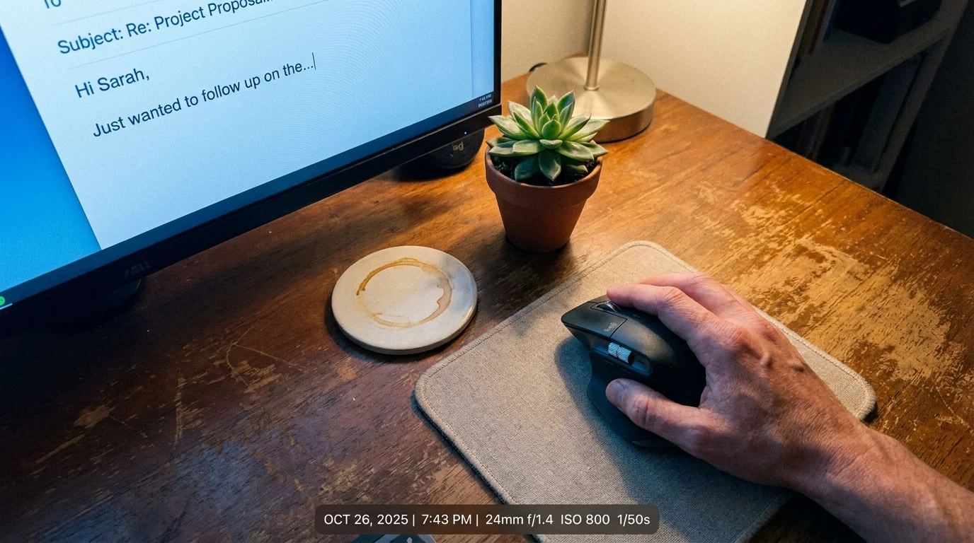 A POV photo of a hand pausing at a desk, illustrating a mindful break during work.