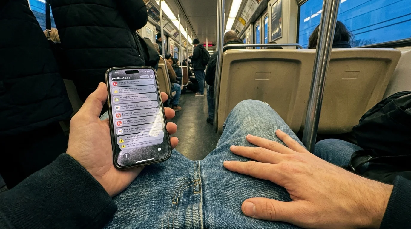 A POV shot of someone practicing breathing on a crowded train while their phone shows notifications.