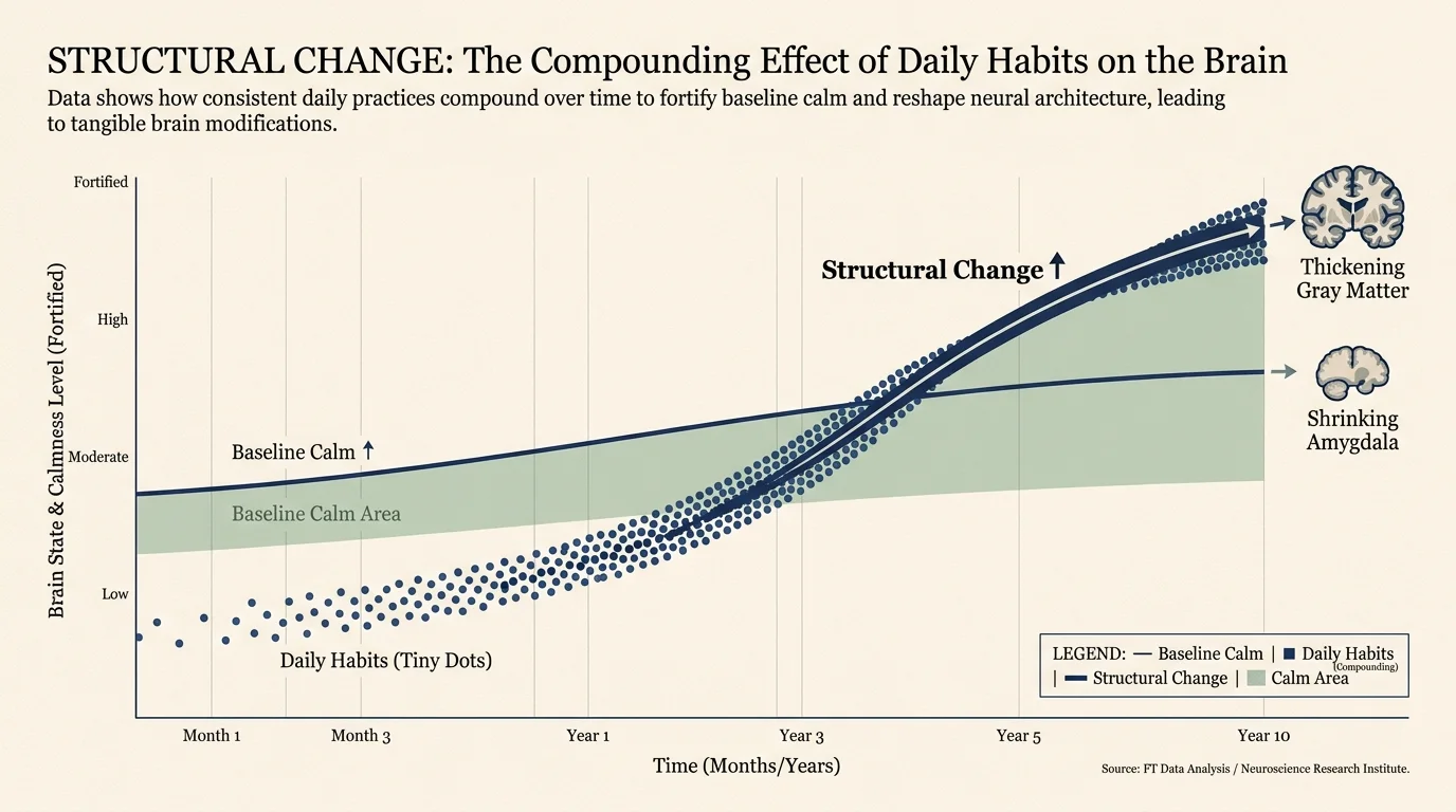 A professional line graph showing 'Baseline Calm' increasing over time with daily habits.