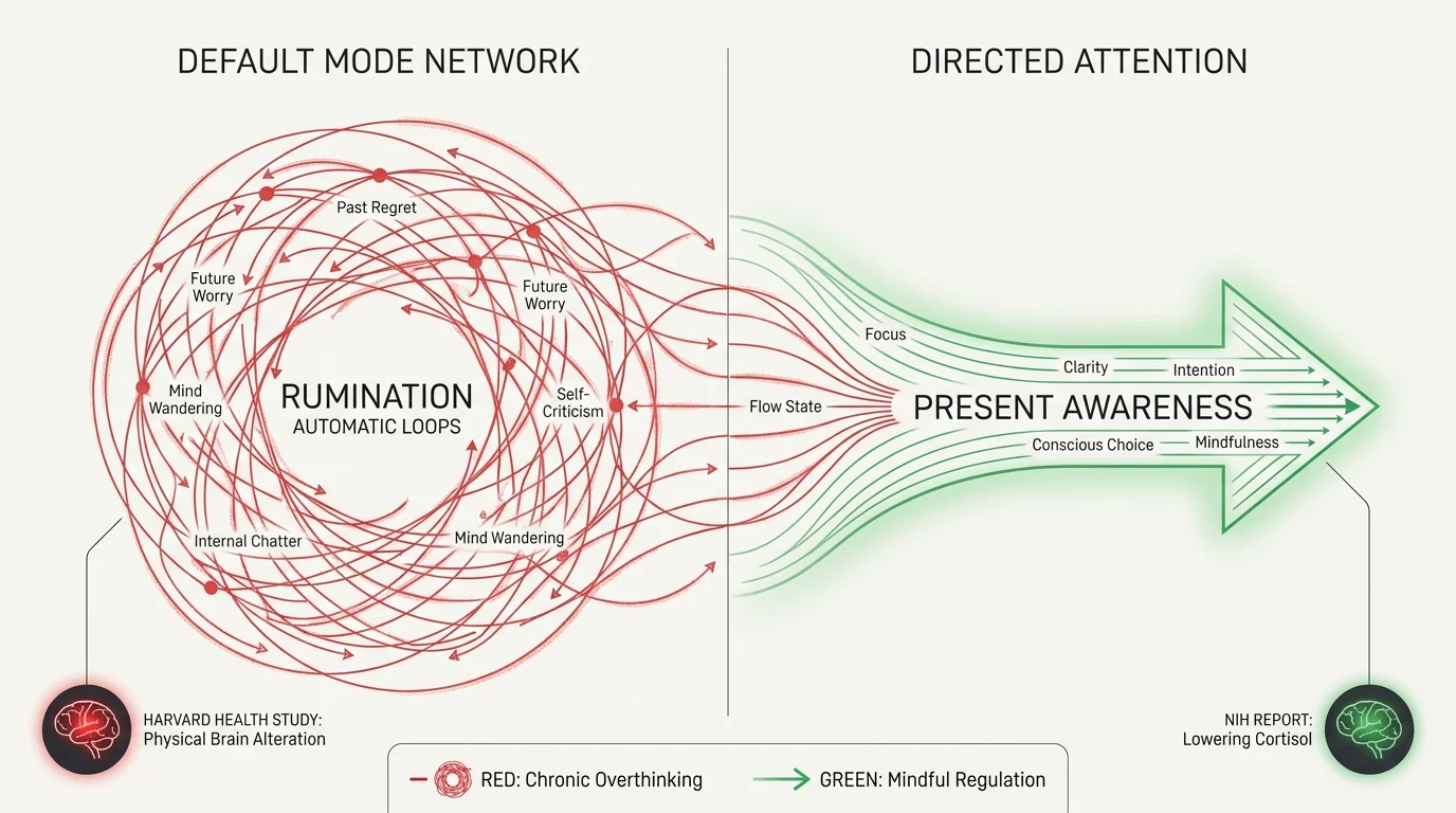 A scientific diagram comparing the chaotic Default Mode Network to the focused path of Directed Attention.