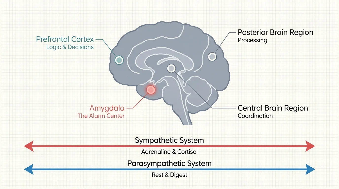 A scientific diagram of a brain highlighting the Amygdala and Prefrontal Cortex with labels for Sympathetic and Parasympathetic systems.