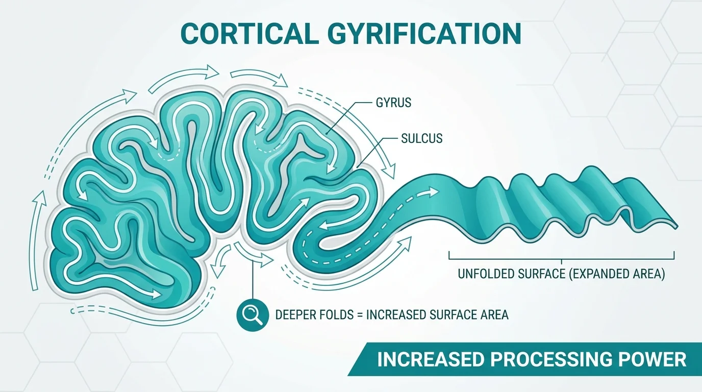 A scientific diagram showing the folds of the brain's surface becoming deeper and more complex.