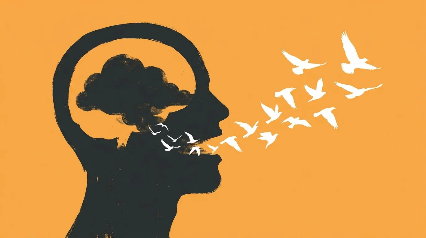 A screenprint-style illustration of a silhouette exhaling a cloud that turns into birds.
