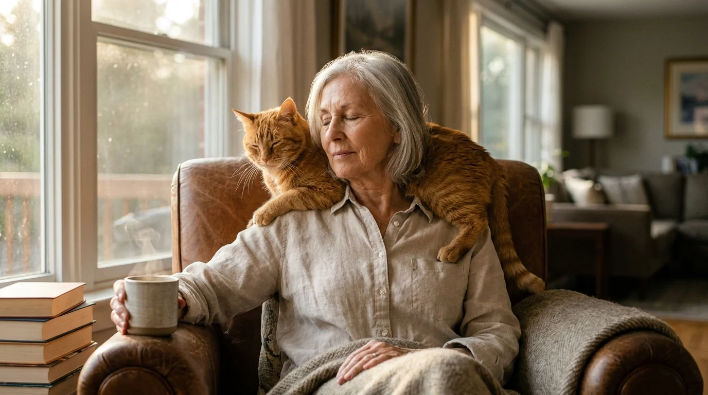 A senior woman resting peacefully in a sunlit armchair with a ginger cat draped over her shoulders.