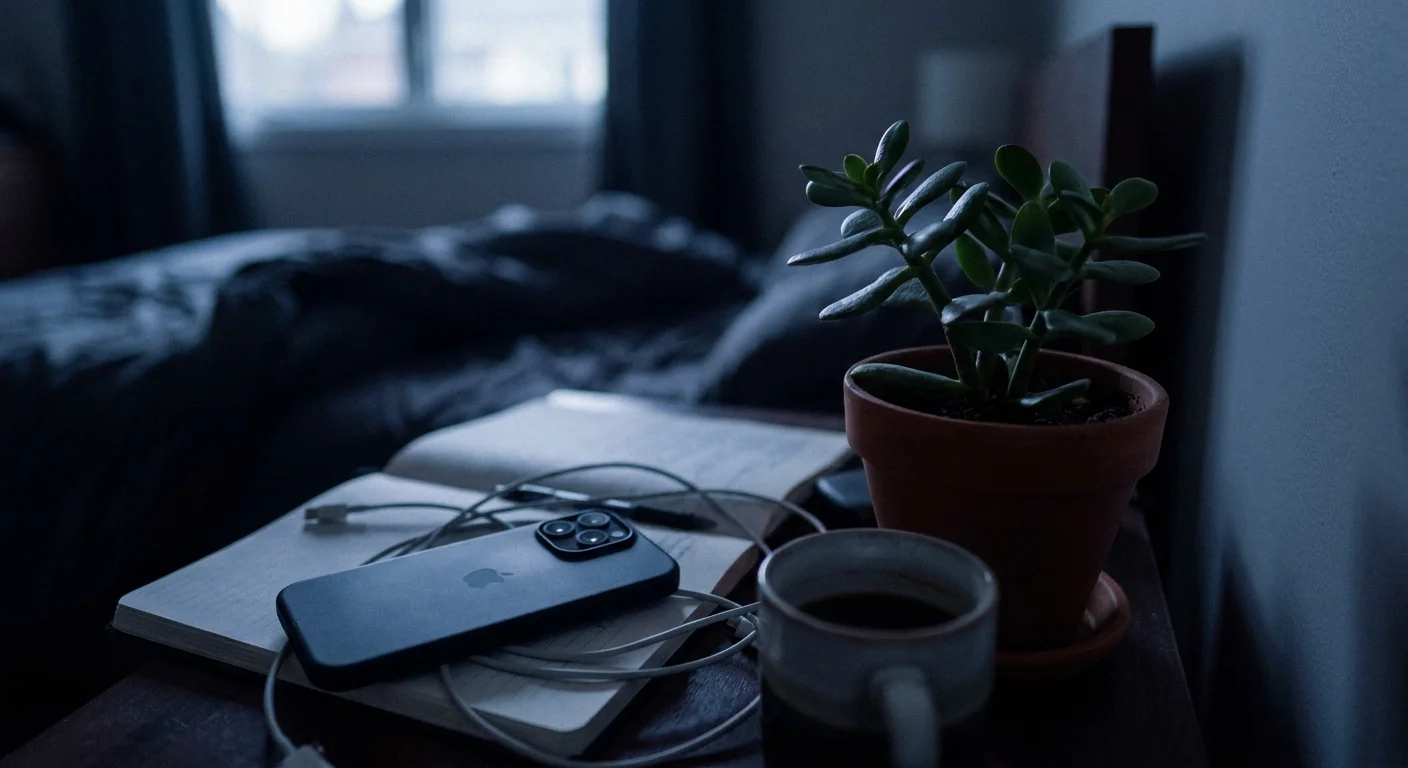 A smartphone lies face-down on a nightstand next to a plant and a coffee mug in the dim light of dawn.
