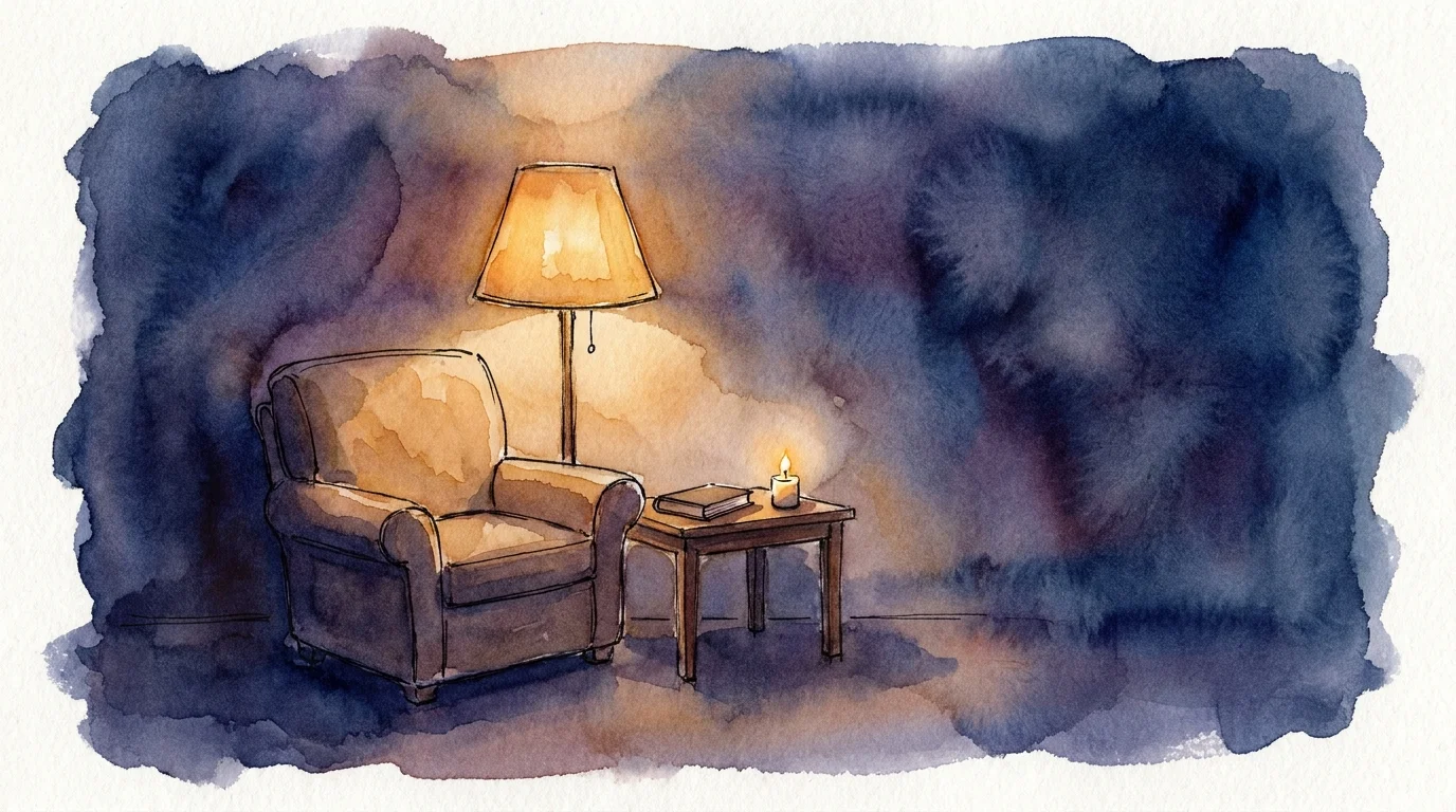 A soft watercolor painting of a cozy armchair lit by a single warm lamp in a dark blue room.