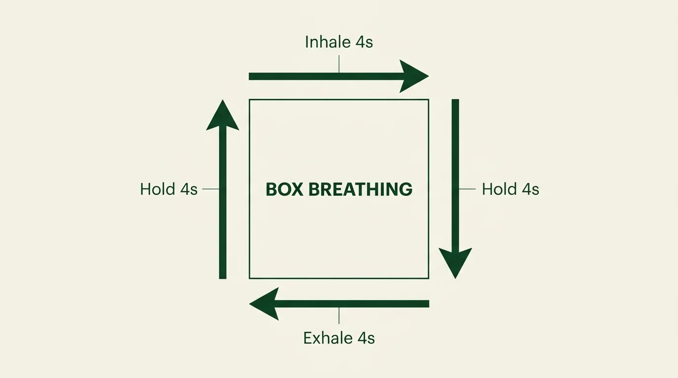 A square diagram showing the four steps of box breathing: inhale, hold, exhale, and hold for 4 seconds each.