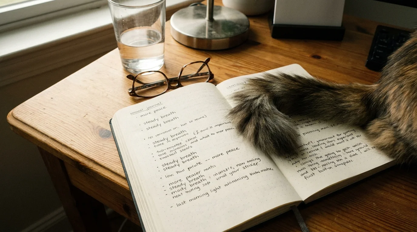 A still life photo of a journal, glasses, and a cat's tail on a wooden desk in the morning light.