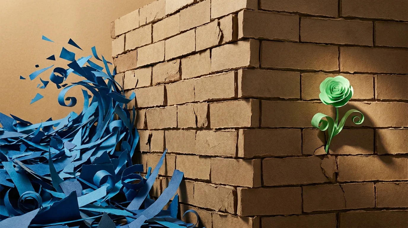 A sturdy paper-brick wall protecting a small green flower from a sea of sharp blue scraps.