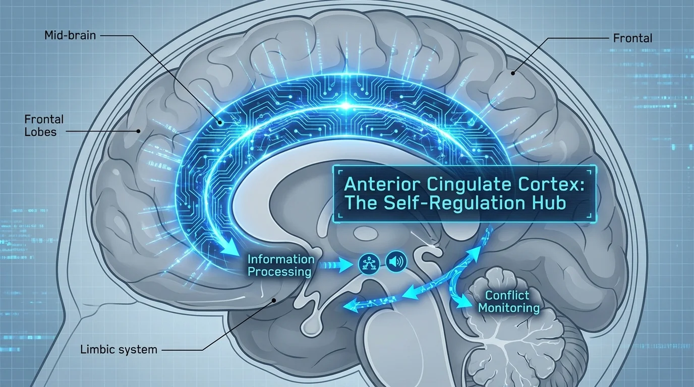 A technical diagram of the anterior cingulate cortex showing it as a glowing hub for self-regulation.