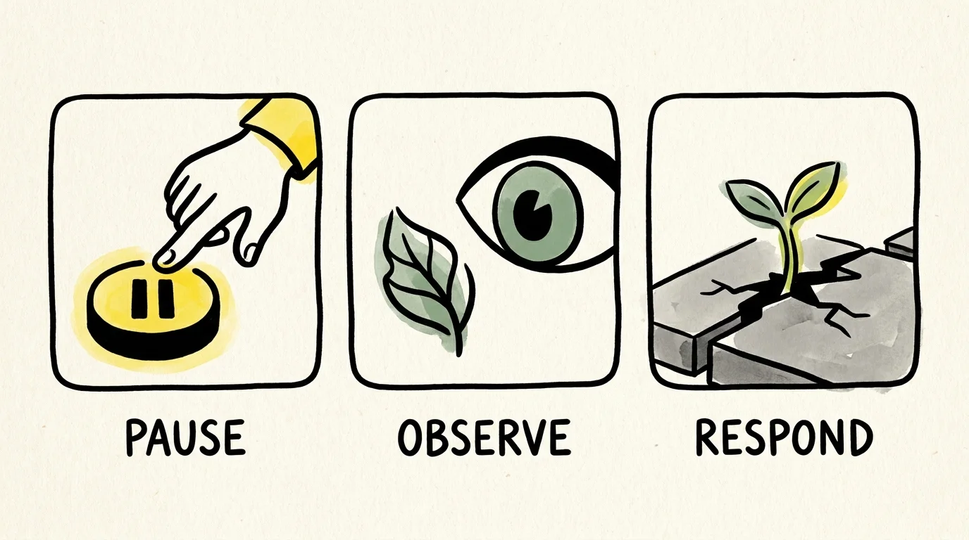 A three-panel illustration showing a pause button, an eye, and a growing sprout, labeled Pause, Observe, and Respond.