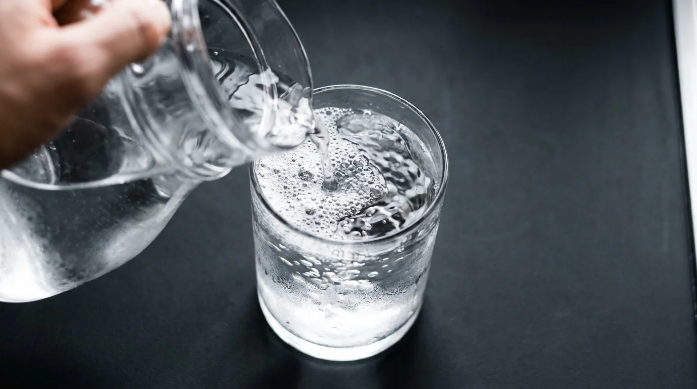 A top-down close-up of fresh water being poured into a clear glass.