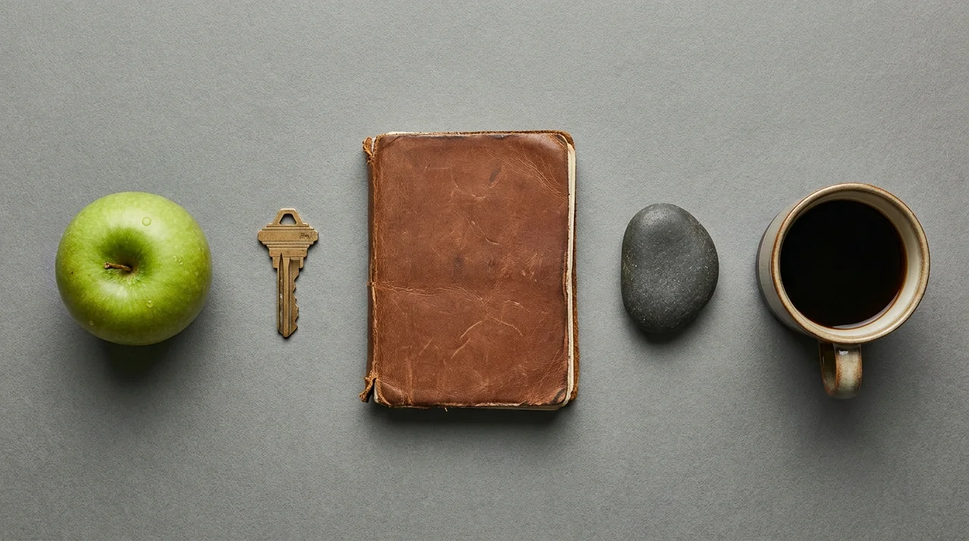 A top-down view of five tactile objects—an apple, a key, a notebook, a stone, and coffee—arranged on a grey surface.