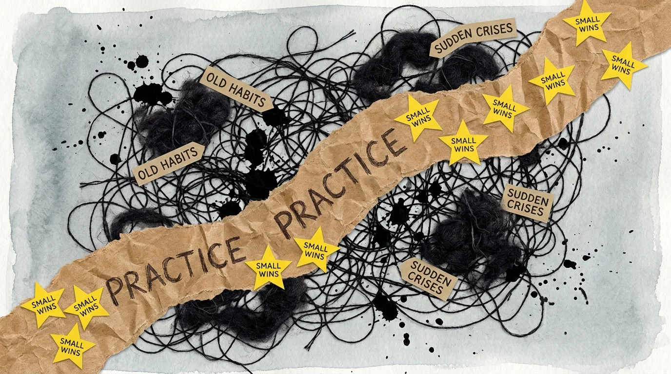 A torn paper path winding through a messy thicket of tangled black threads, representing the journey of regulation.