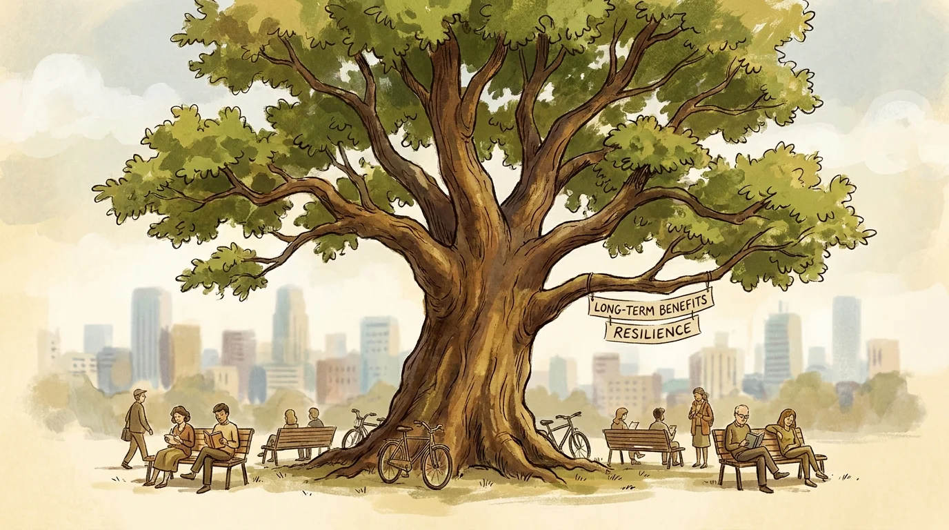 A warm gouache painting of a large, strong oak tree providing shade in a peaceful city park.
