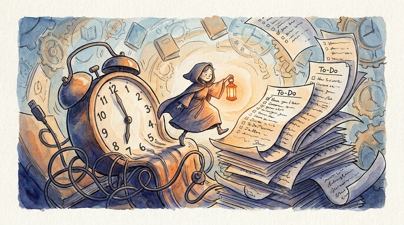 A watercolor illustration of a person stepping over a wall made of clocks and to-do lists.