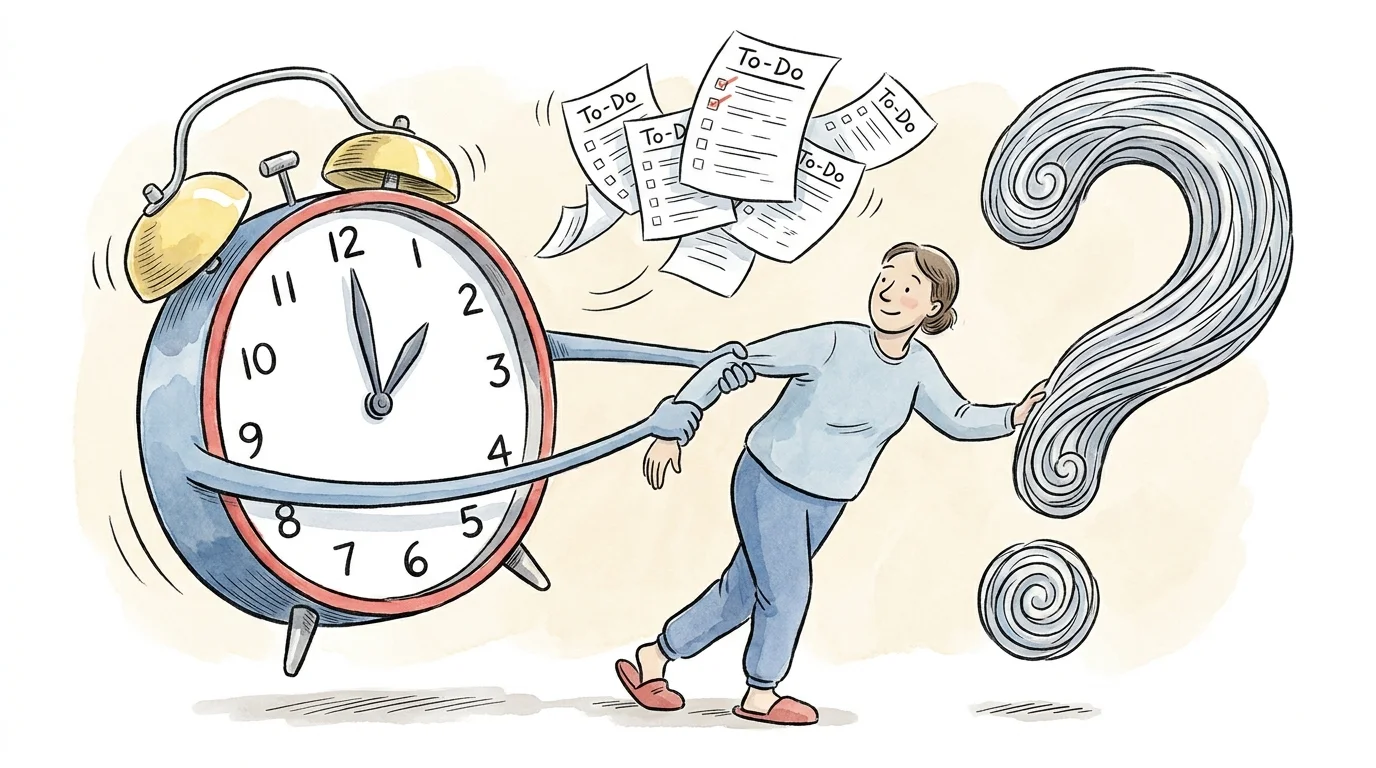 A whimsical illustration of a person calmly observing giant obstacles like a clock and to-do lists.