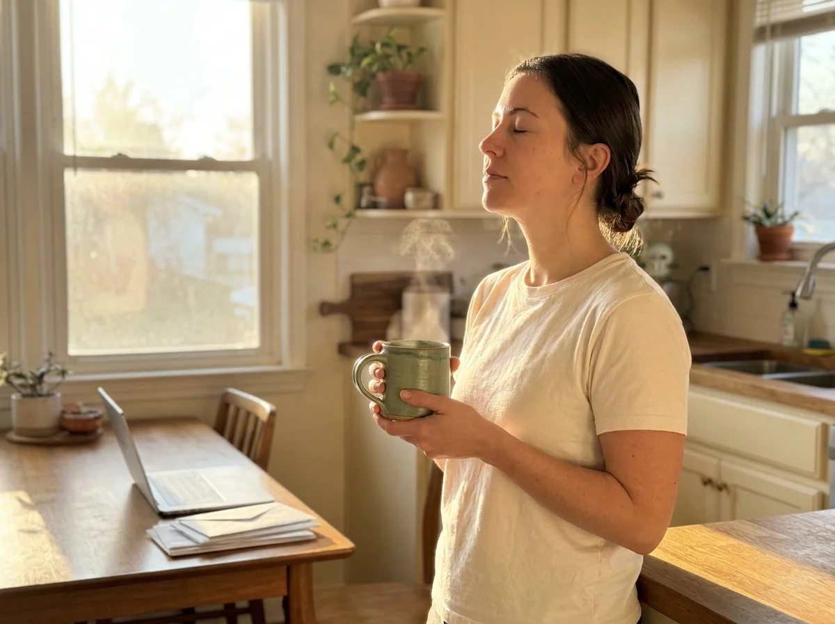 A woman in a sunlit kitchen takes a mindful breath while holding a warm mug, capturing a moment of morning calm.