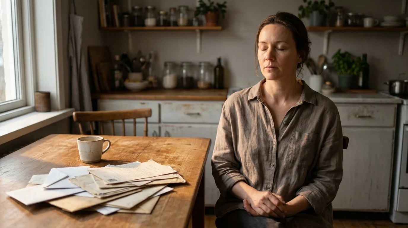 A woman sits at a wooden kitchen table with her eyes closed, taking a quiet moment to breathe amidst daily chores.