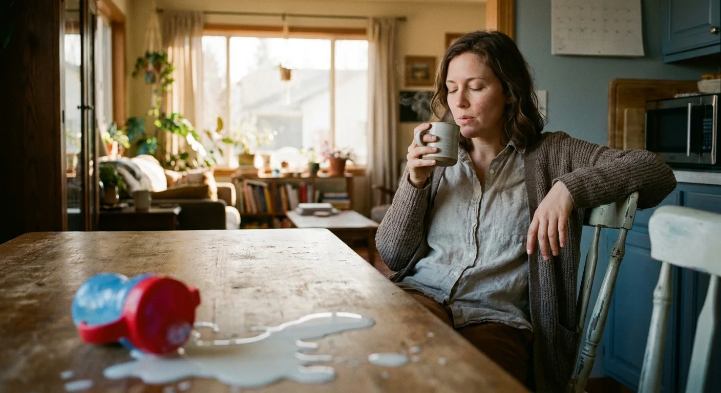 A woman sits calmly at a kitchen table next to a spilled cup of milk, exhaling slowly in soft morning light.