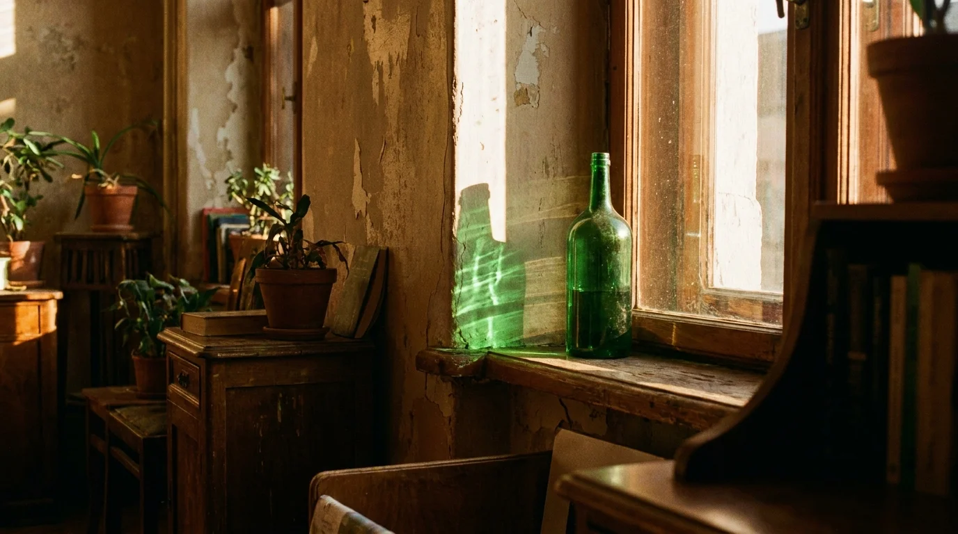 Afternoon sunlight shining through a green glass bottle on a windowsill, casting a glow on the wall.