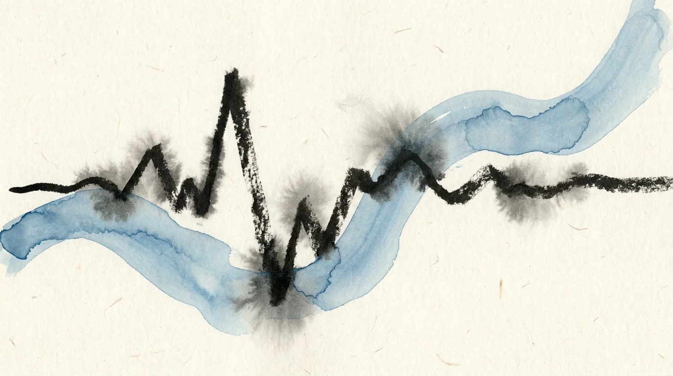 An abstract painting of a soft blue watercolor ribbon flowing through a sharp, jagged black line.