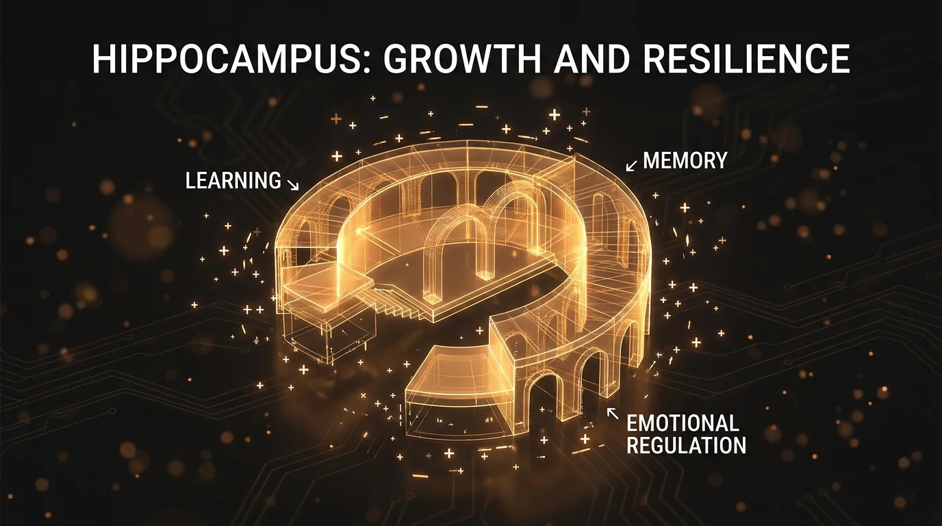 An anatomical diagram of the hippocampus glowing with growth, labeled with memory and emotional regulation.