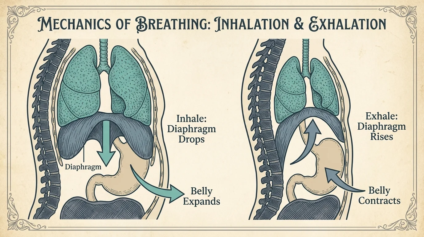 An anatomical diagram showing the diaphragm moving down and the belly expanding during deep breathing.