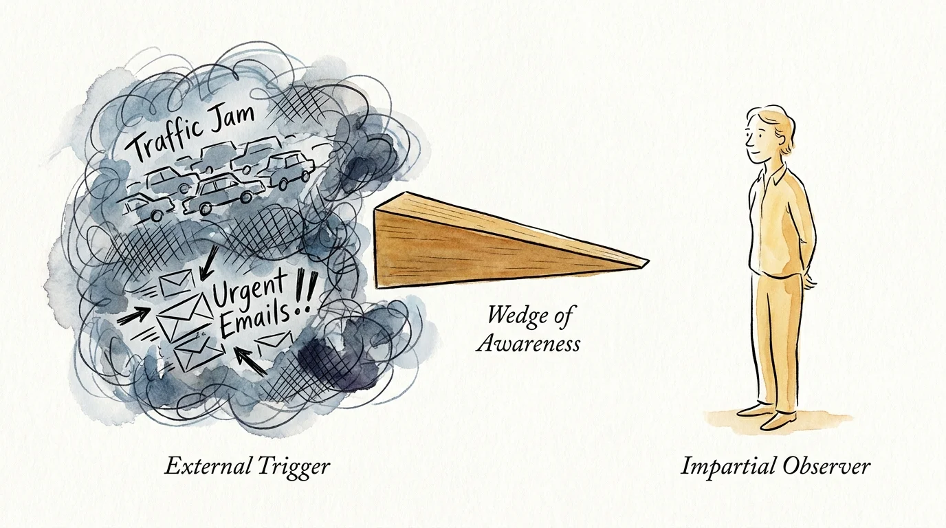 An editorial illustration showing a wooden wedge creating space between a chaotic scribble and a calm person.