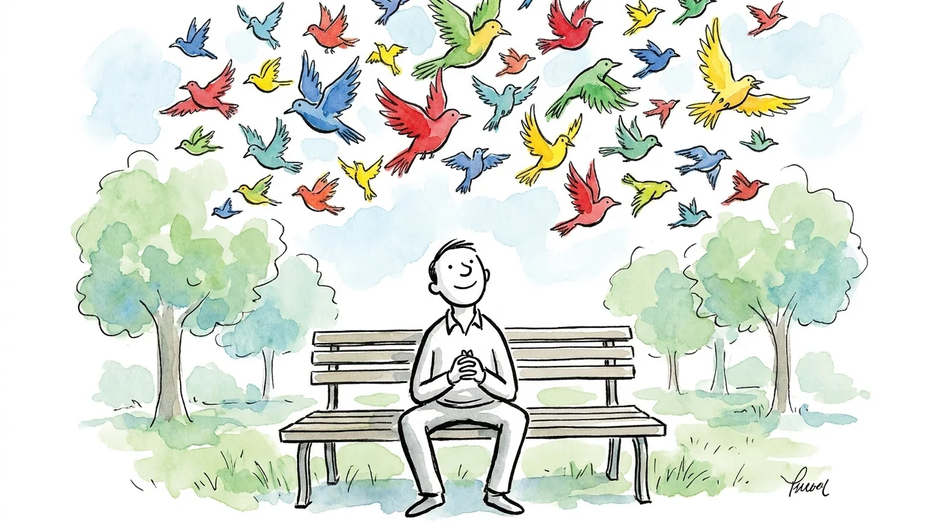 An illustration of a person sitting peacefully while thoughts, depicted as colorful birds, fly overhead.