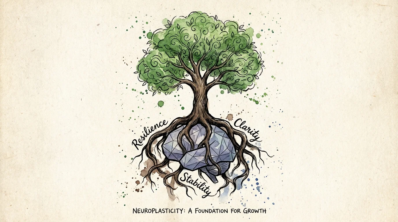 An illustration of a tree with deep roots connected to a brain shape, representing long-term resilience.