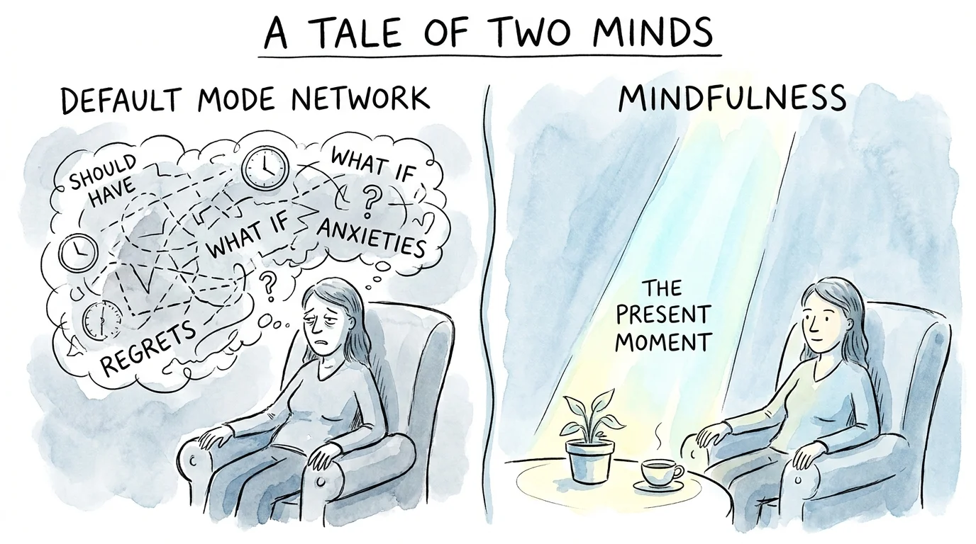 An illustration showing the difference between a wandering 'default' mind and a focused, mindful mind.